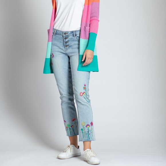 APNY Apparel Blue Floral Embroidered Straight Leg‎ Jeans Raw Frayed Hem - Picture 1 of 16